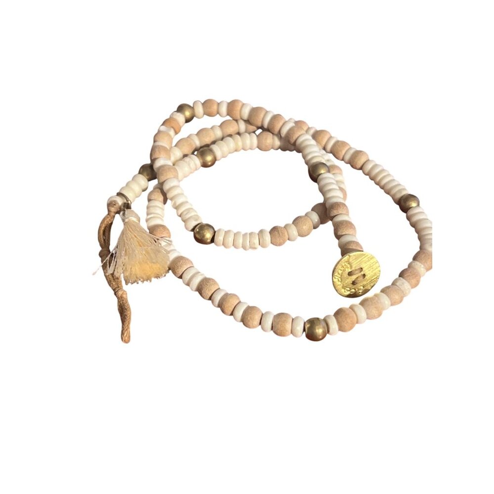 Noonday Boho Wrap Beaded Bracelet Gold Tone Button Tassel Wood Beads Adj